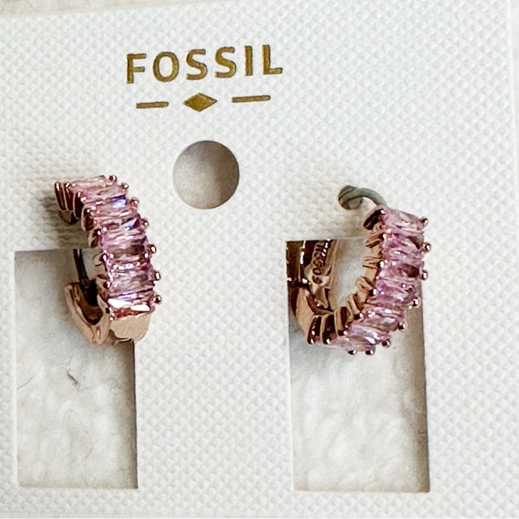 Fossil Gold Brass Tone Valentine Pink Cubic Zirconia Huggie Hoop Earrings, NWT - Picture 3 of 15